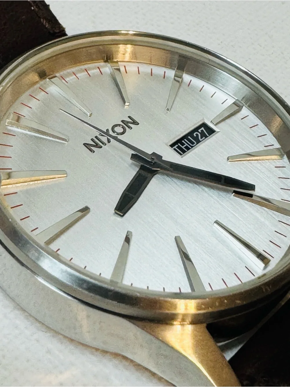 Nixon The Sentry 42mm Men's Day/Date Watch Silver Dial Brown Leather